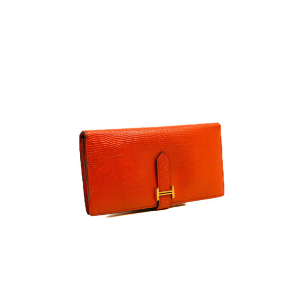 Bearn Long Wallet In Orange Lizard Leather GHW Square N Stamp - L'UXE LINK