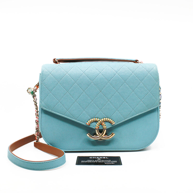 Medium Thread Around Light Blue Grained Calfskin Quilted Cuba Top Handle Flap Bag GHW Seri 23 - L'UXE LINK