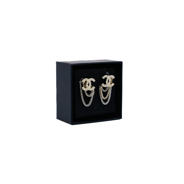 chanel cc logo earring with chain whith crystal gold and silver