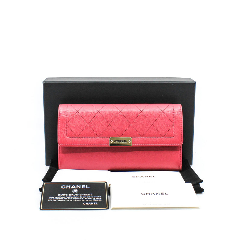 Interlocking CC Logo In Pink Calfskin Long Flap Wallet GHW Seri 24 - L'UXE LINK