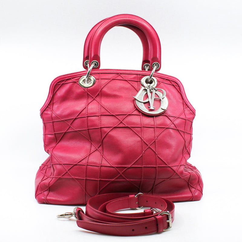 Medium Cannage Granville In Dark Pink Lambskin Tote Bag PHW With Strap - L'UXE LINK