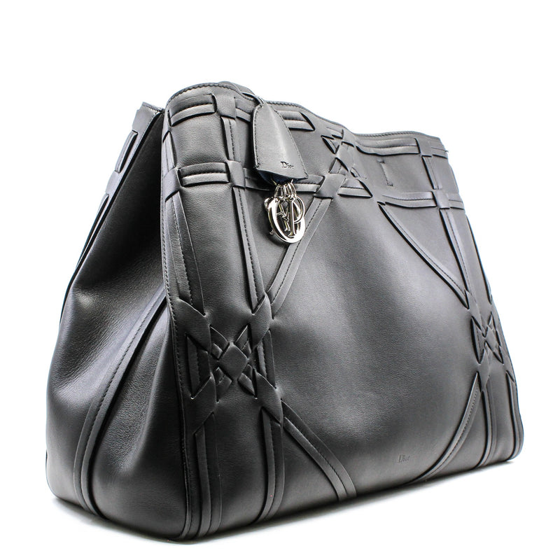 Black Cannage Detail Leather Shopper Tote Bag With Pouch PHW - L'UXE LINK