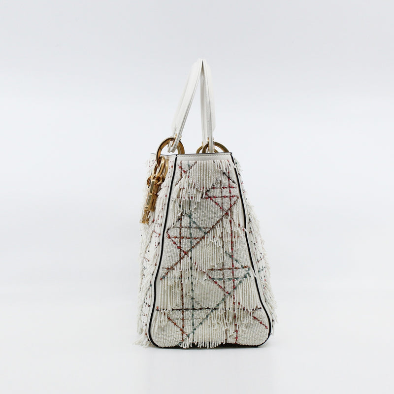 Medium Beaded Fringe Lady Dior In White Lambskin Handbag GHW With Strap