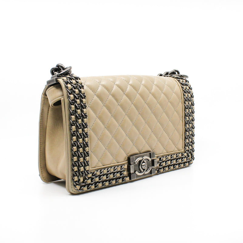 Old Medium Leboy In Beige Calfskin Leather Chained Flap Bag PHW Seri 21 - L'UXE LINK
