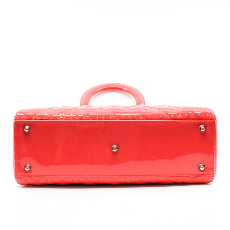 Large Cannage Lady Dior In Orange Red Patent Leather Handbag PHW With Strap - L'UXE LINK