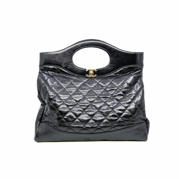 Medium 31 Black Shiny Quilted Calfskin Shopping Bag GHW Seri 28 - L'UXE LINK