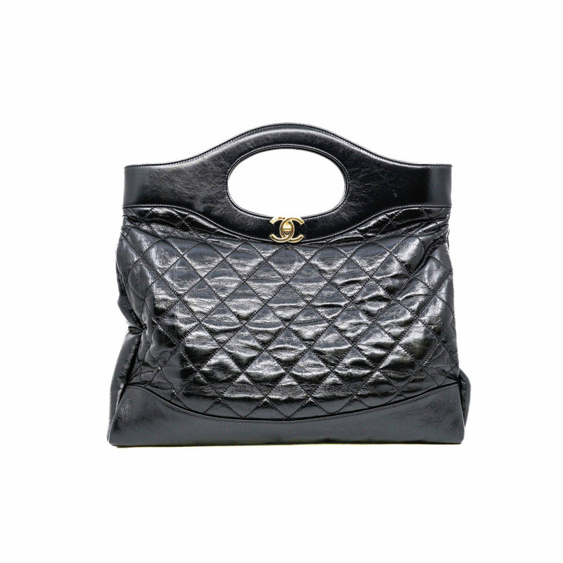 Medium 31 Black Shiny Quilted Calfskin Shopping Bag GHW Seri 28 - L'UXE LINK