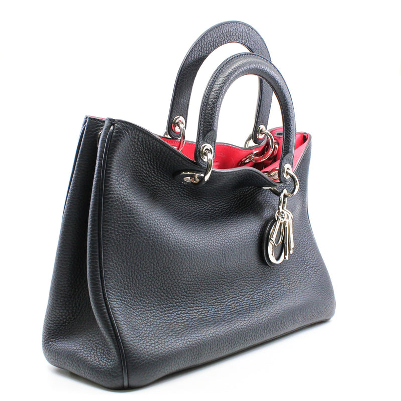 Medium Diorissimo In Black/Red Pebbled Calfskin Leather Handbag PHW With Strap - L'UXE LINK