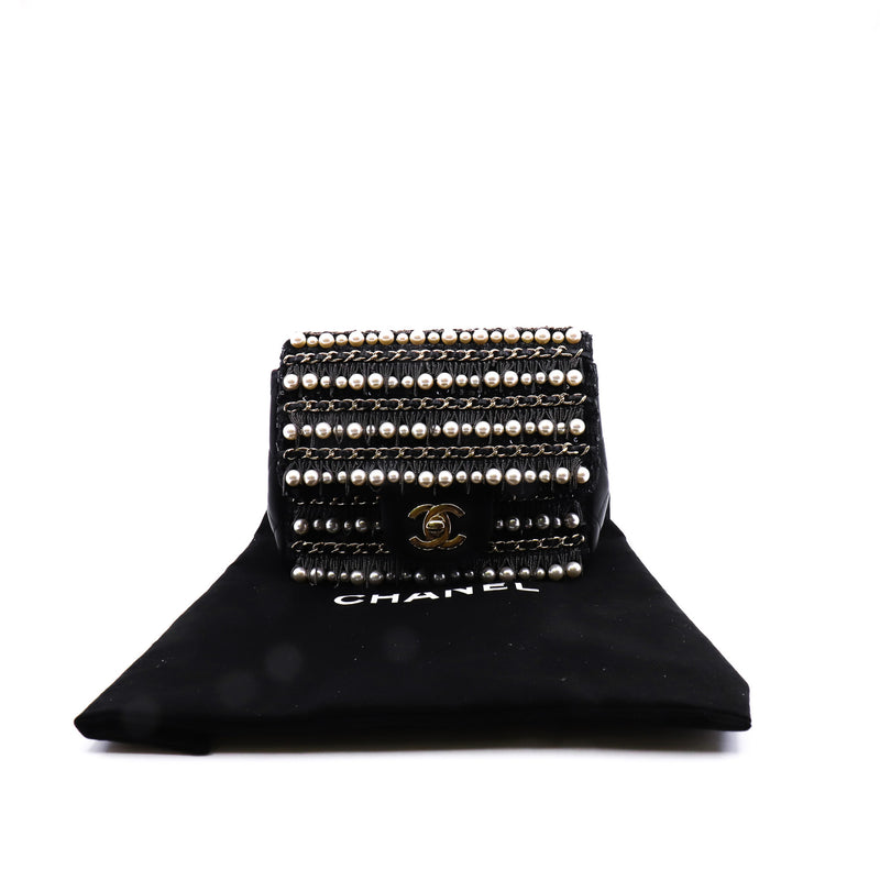 Mini Square Black Pearl And Chains Lambskin Quilted Flap Bag GHW Seri 30 - L'UXE LINK