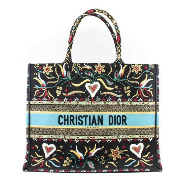 Large Dior Book Tote In Embroidered Blue/Black Flowers Print Canvas Bag - L'UXE LINK