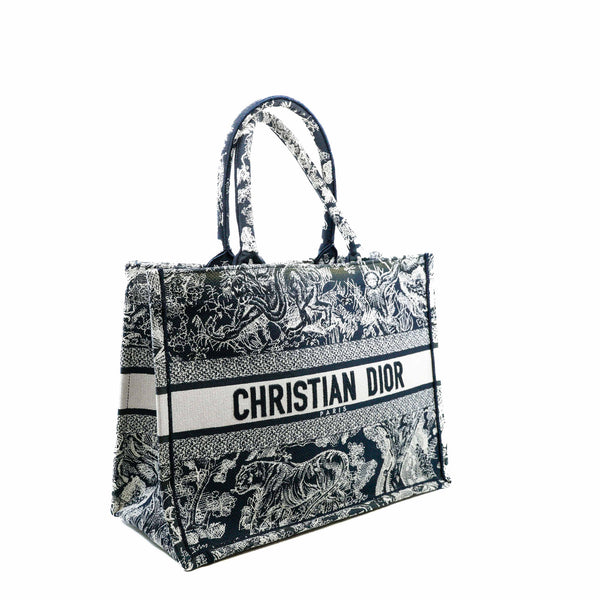 Medium Toile De Jouy Book Tote Bag In Blue/White Canvas - L'UXE LINK