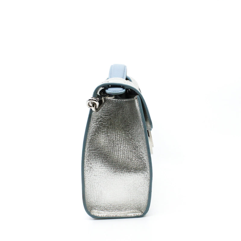 Metallic Silver/Blue Grained Calfskin Diorever Squad Flap Bag PHW With Strap