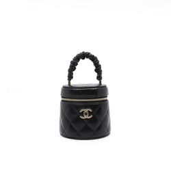 Mini Black CC Ruched Top Handle Vanity Case In Shiny Lambskin GHW Seri 32 - L'UXE LINK
