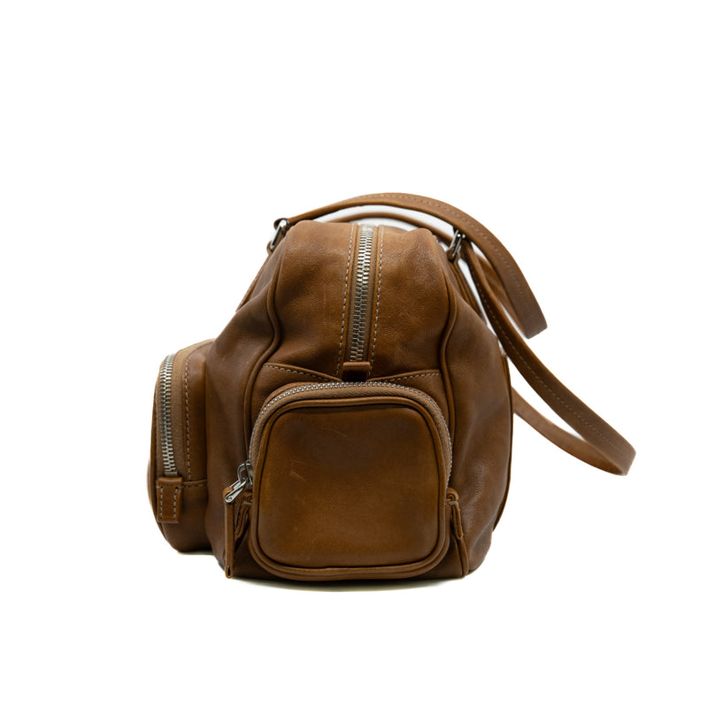 nappa pocket bag with top handle in leather brown