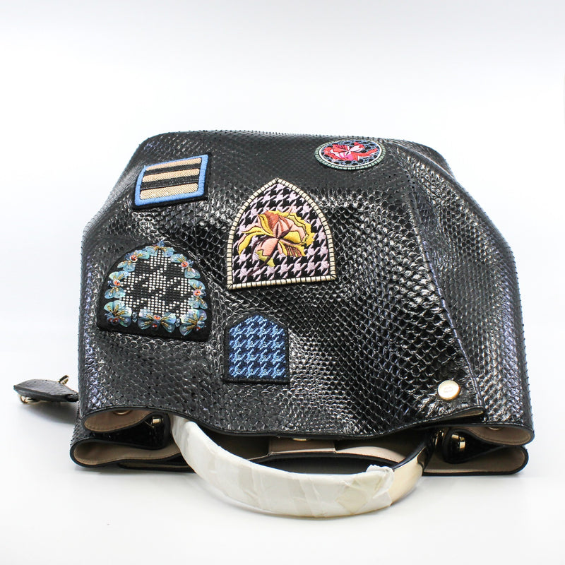 Black Python Leather Diorific Sequin Embroidered Patch Bucket Handbag GHW