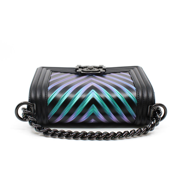 Small Leboy In Black/Iridescent Chevron Embossed Calfskin Flap Bag PHW Seri 24 - L'UXE LINK