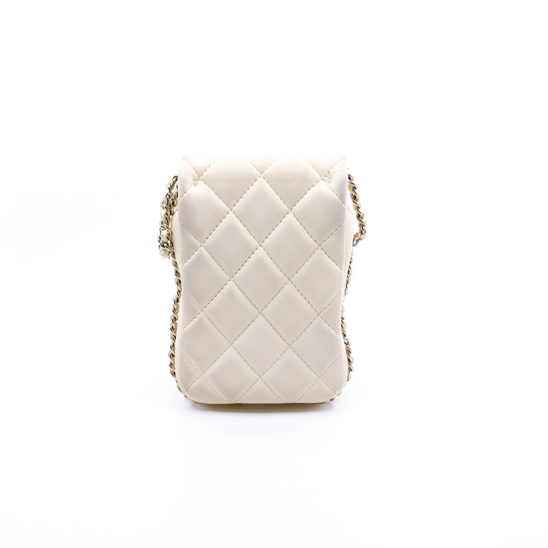 White Lambskin Quilted Phone Flap Bag With Chain GHW Seri 29 - L'UXE LINK