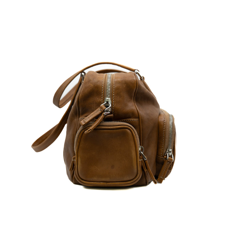 nappa pocket bag with top handle in leather brown