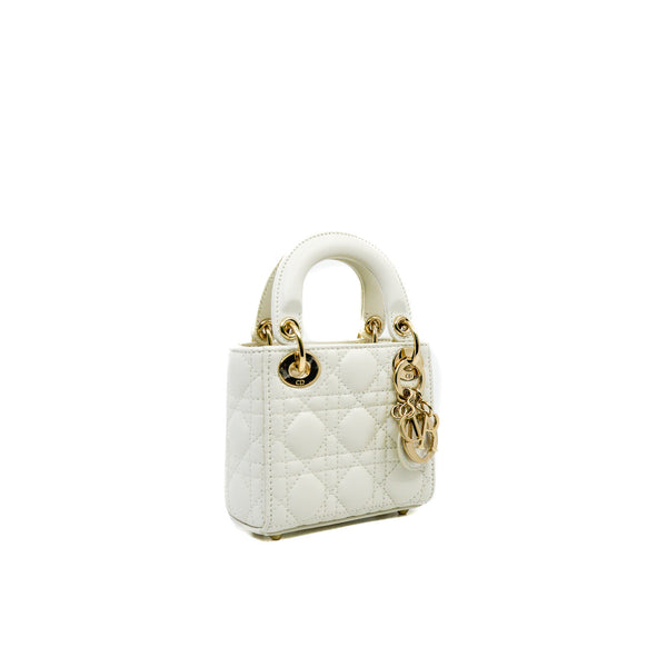 Micro Lady Dior In White Lambskin Bag GHW With Strap - L'UXE LINK