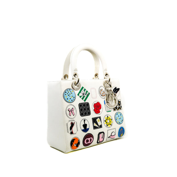 Medium Lady Dior In White Patch Embellished Leather Handbag PHW (No Strap)