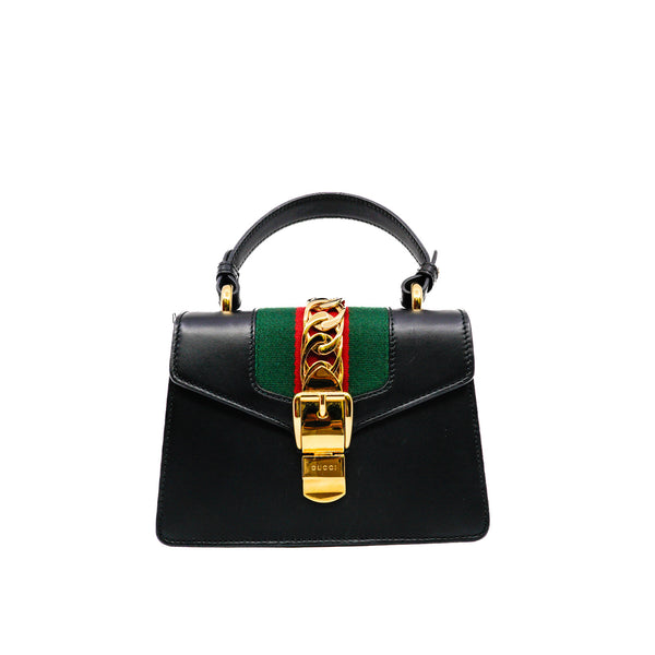 Mini Sylvie Black Leather Top Handle Bag Ghw with Strap - L'UXE LINK