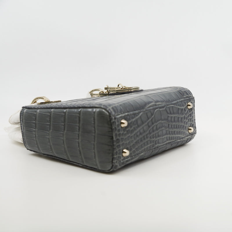 Mini Lady Dior In Grey Alligator Leather Handbag Crystal Hardware With Chain - L'UXE LINK