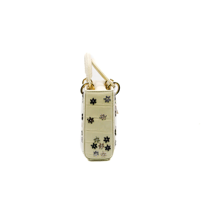 D-Joy  Bag in white Crocodile with crystal flower PHW