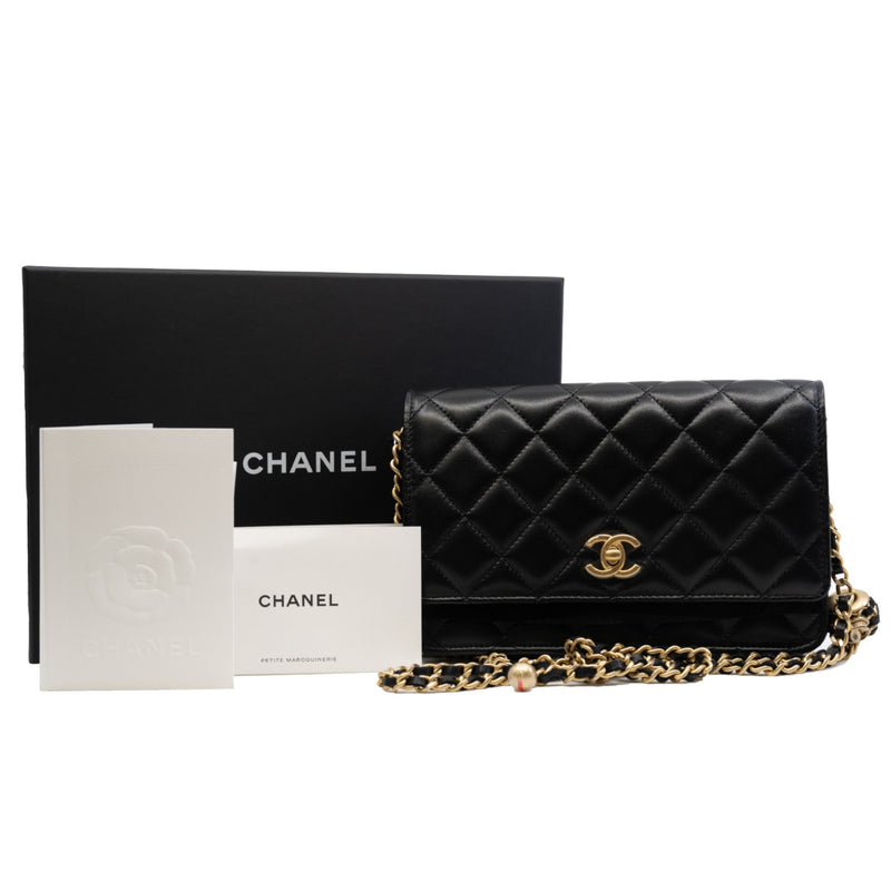 Pearl Crush Black Lambskin Leather Wallet On Chain GHW - L'UXE LINK