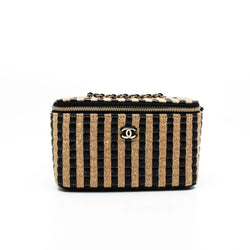 Small Black And Beige Raffia Jute Striped Vanity Case With Chain GHW Seri 30 - L'UXE LINK