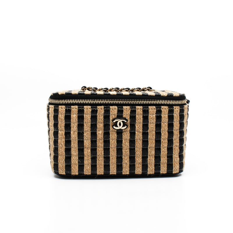 Small Black And Beige Raffia Jute Striped Vanity Case With Chain GHW Seri 30 - L'UXE LINK