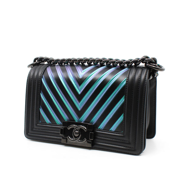 Small Leboy In Black/Iridescent Chevron Embossed Calfskin Flap Bag PHW Seri 24 - L'UXE LINK