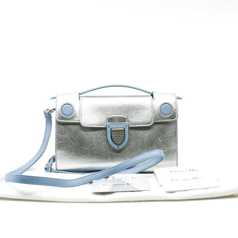 Metallic Silver/Blue Grained Calfskin Diorever Squad Flap Bag PHW With Strap