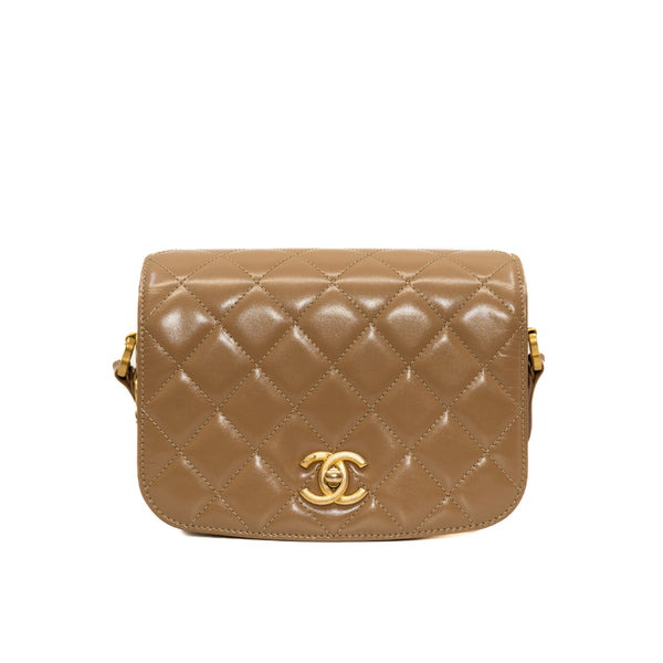 Mini Beige Shiny Calfskin Quilted Messenger Flap Bag GHW - L'UXE LINK