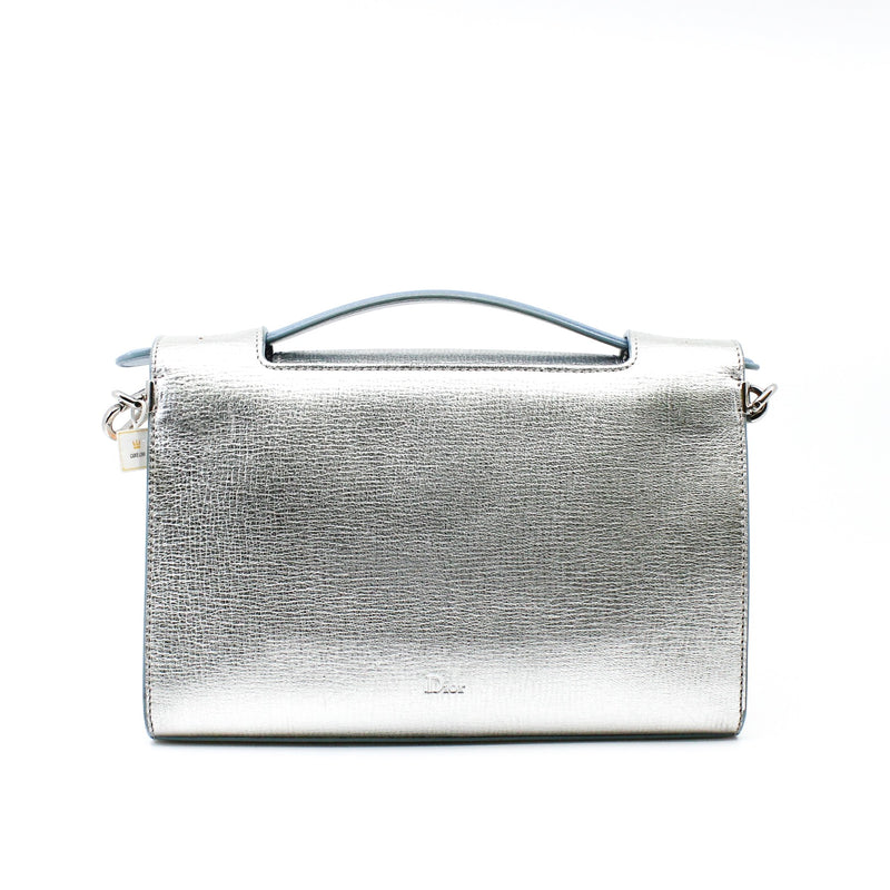 Metallic Silver/Blue Grained Calfskin Diorever Squad Flap Bag PHW With Strap