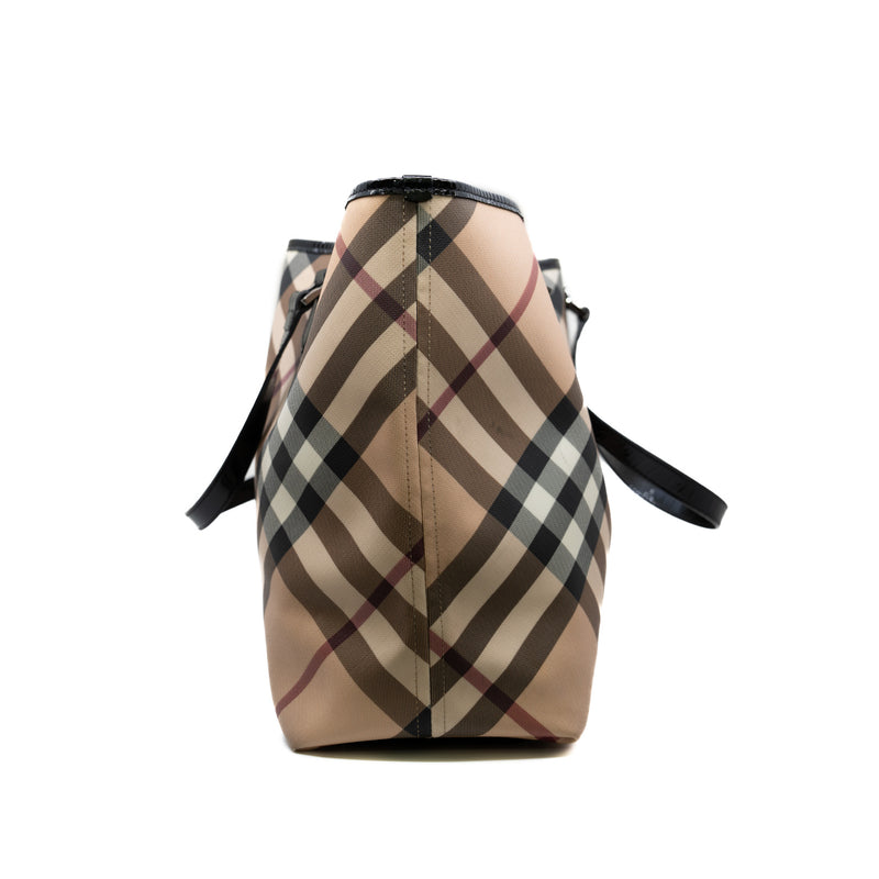 Burberry Beige Nova Check Coated Canvas and Patent Leather Nickie Tote with Pouch - L'UXE LINK
