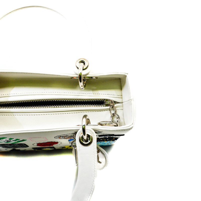 Medium Lady Dior In White Patch Embellished Leather Handbag PHW (No Strap)