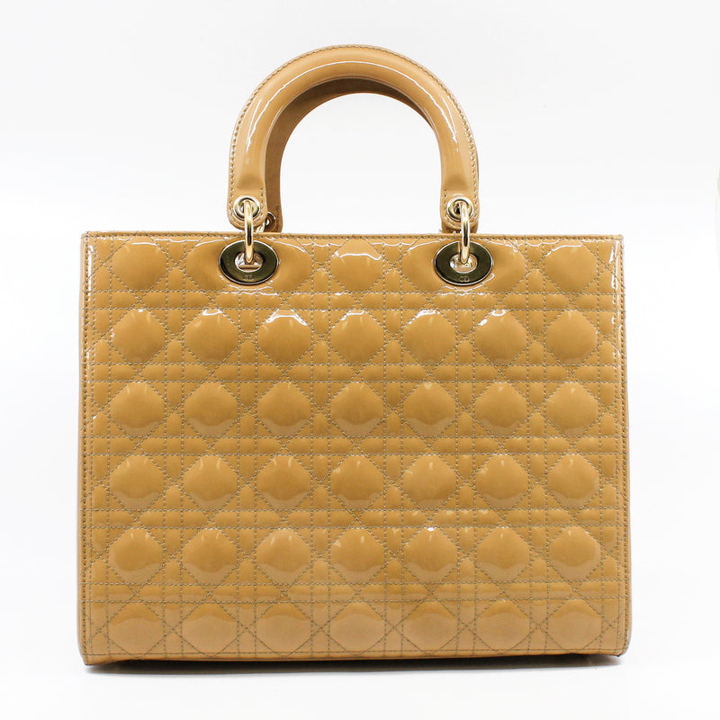 Large Cannage Lady Dior In Dark Beige Patent Leather Handbag GHW With Strap - L'UXE LINK