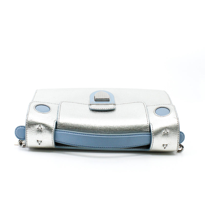 Metallic Silver/Blue Grained Calfskin Diorever Squad Flap Bag PHW With Strap