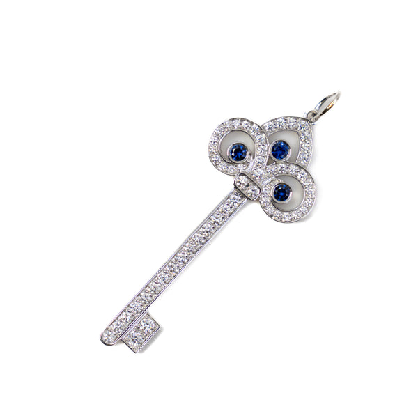 Platinum Fleur De Lis Diamonds And Blue Sapphire Key Pendant - L'UXE LINK