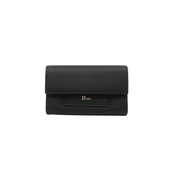 Black Calfskin Trifold Snap Flap Long Wallet PHW - L'UXE LINK