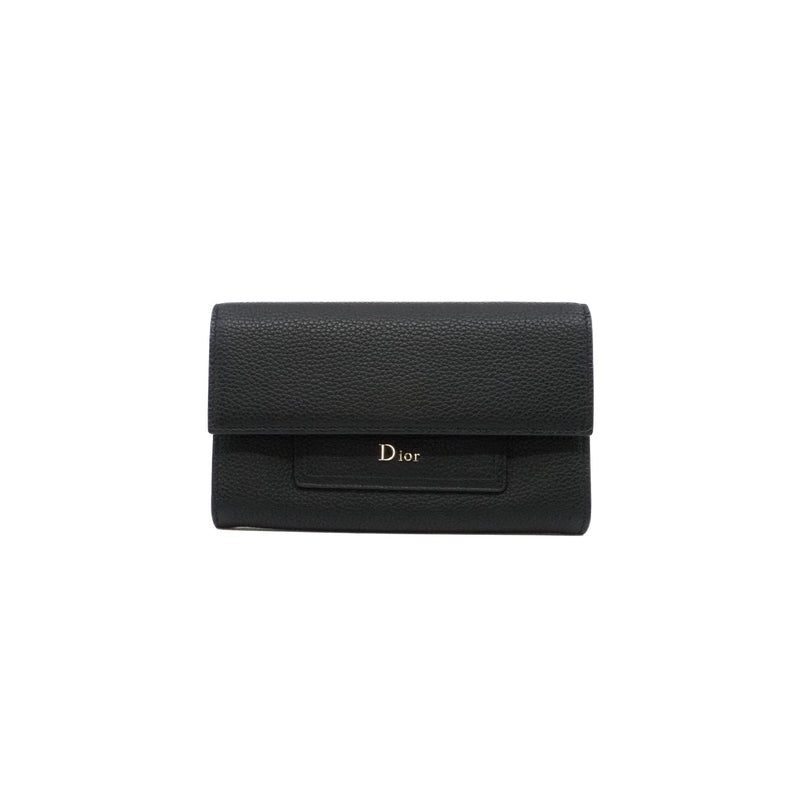 Black Calfskin Trifold Snap Flap Long Wallet PHW - L'UXE LINK