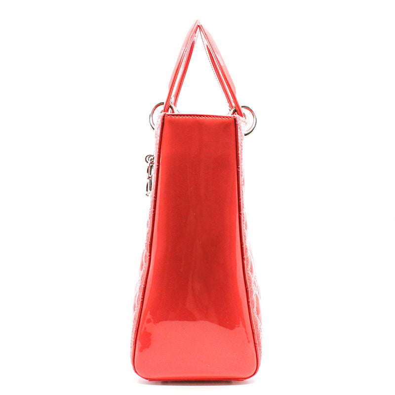 Large Cannage Lady Dior In Orange Red Patent Leather Handbag PHW With Strap - L'UXE LINK