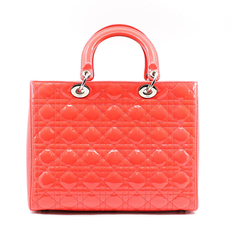 Large Cannage Lady Dior In Orange Red Patent Leather Handbag PHW With Strap - L'UXE LINK