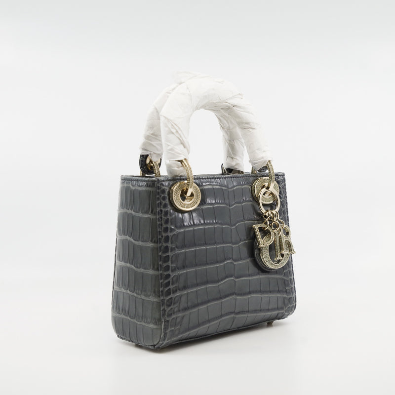 Mini Lady Dior In Grey Alligator Leather Handbag Crystal Hardware With Chain - L'UXE LINK
