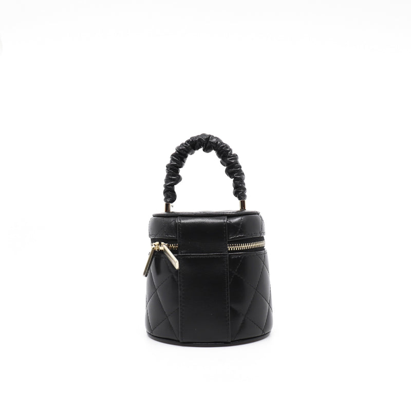 Mini Black CC Ruched Top Handle Vanity Case In Shiny Lambskin GHW Seri 32 - L'UXE LINK
