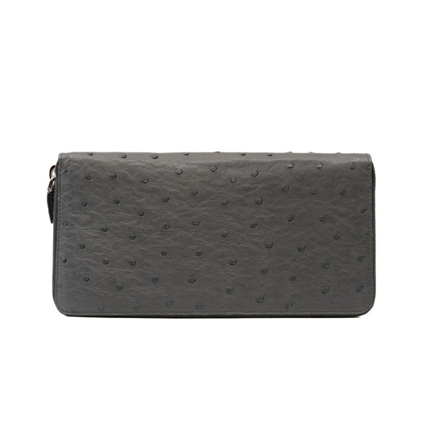 Ostrich Leather Grey Zip Around Wallet - L'UXE LINK