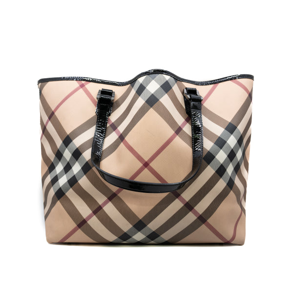 Burberry Beige Nova Check Coated Canvas and Patent Leather Nickie Tote with Pouch - L'UXE LINK