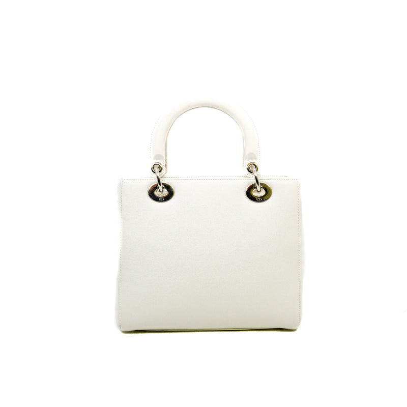 Medium Lady Dior In White Patch Embellished Leather Handbag PHW (No Strap)