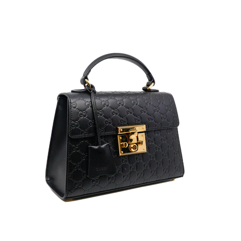 padlock top handle bag in double G leather black ghw