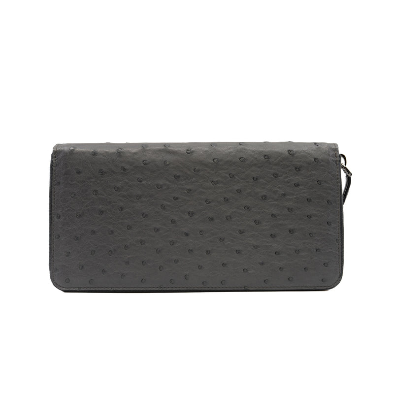 Ostrich Leather Grey Zip Around Wallet - L'UXE LINK